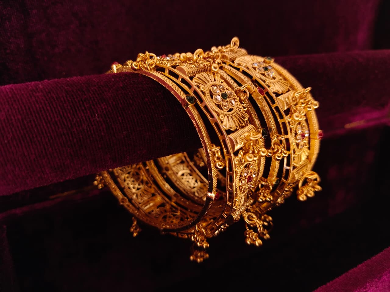 Traditional Gold-Tone Designer Bangles Set with Kundan-Style Floral & Stone Work