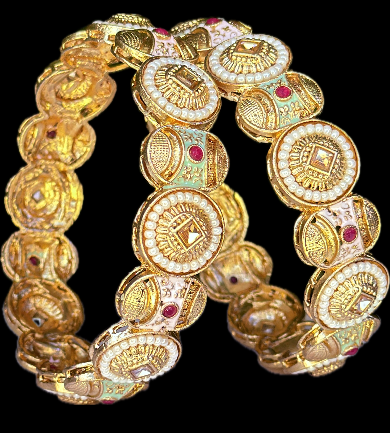 Title: Antique Gold Meenakari Bangles with Pearl Border & Ruby Accents – Set of 2 Traditional Bangles