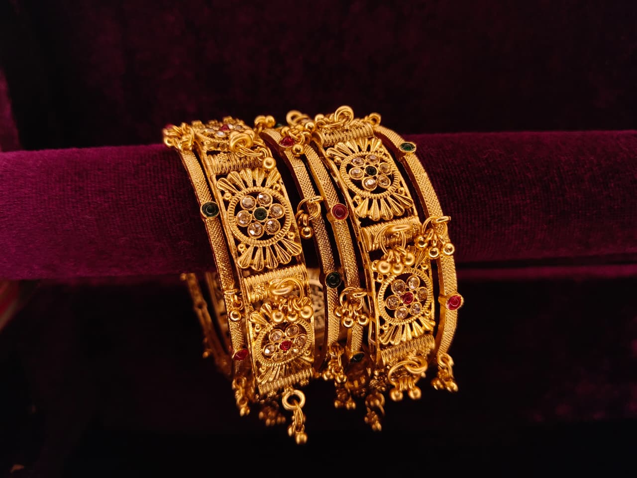 Traditional Gold-Tone Designer Bangles Set with Kundan-Style Floral & Stone Work