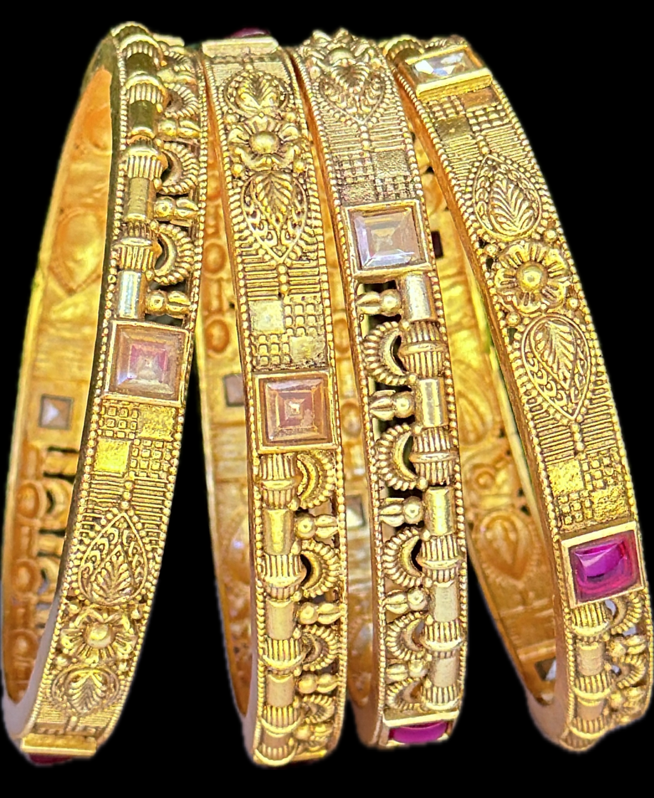 Antique Gold-Finish Temple Bangles with Ruby Stone Accents – Set of 4 Traditional Bangles