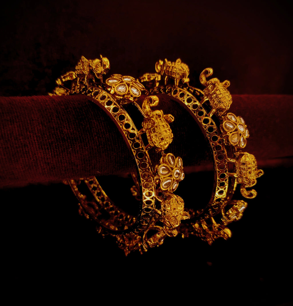 Gold-Plated elephant & Floral Kundan Designer Bangles