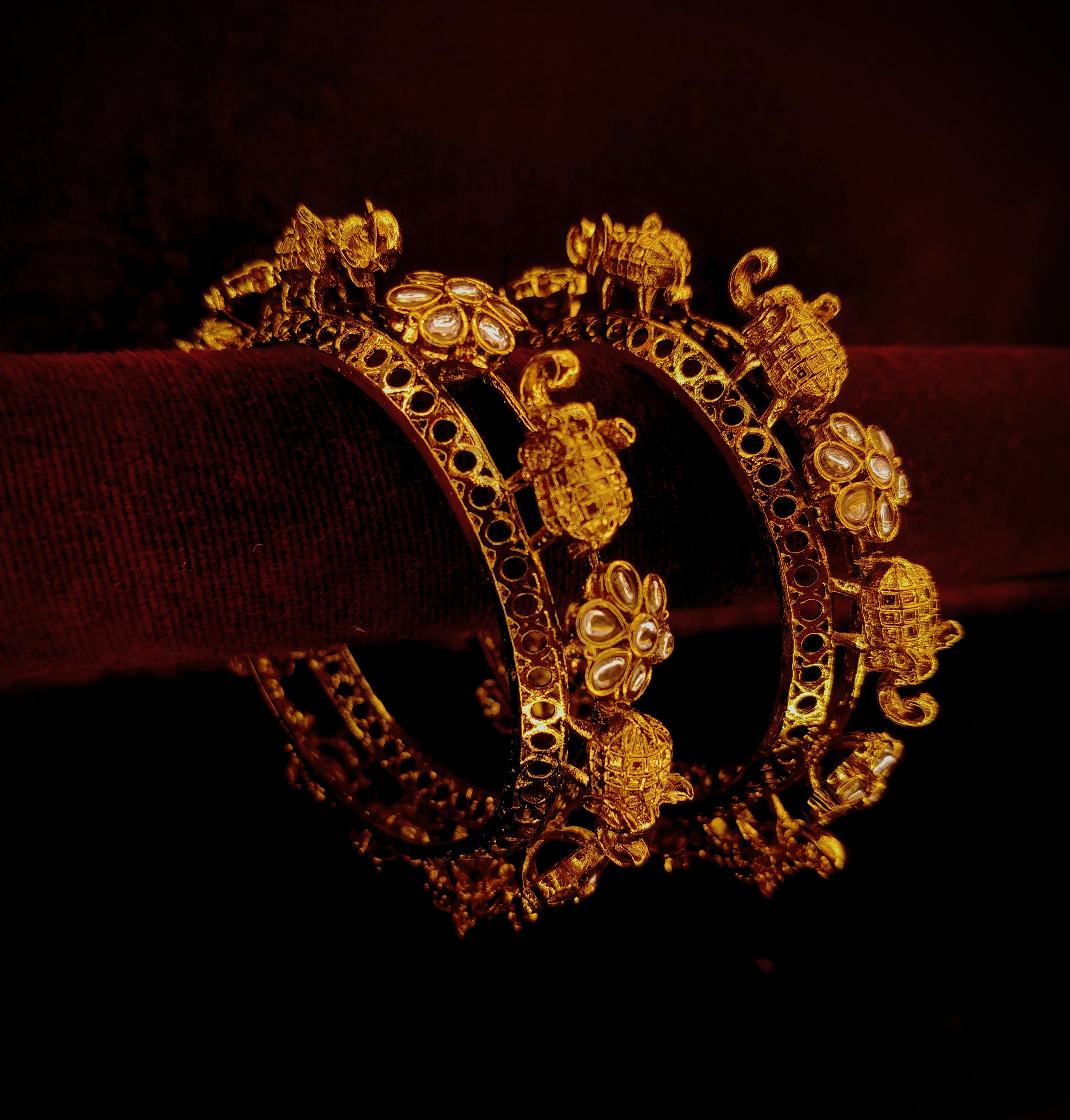 Gold-Plated elephant & Floral Kundan Designer Bangles