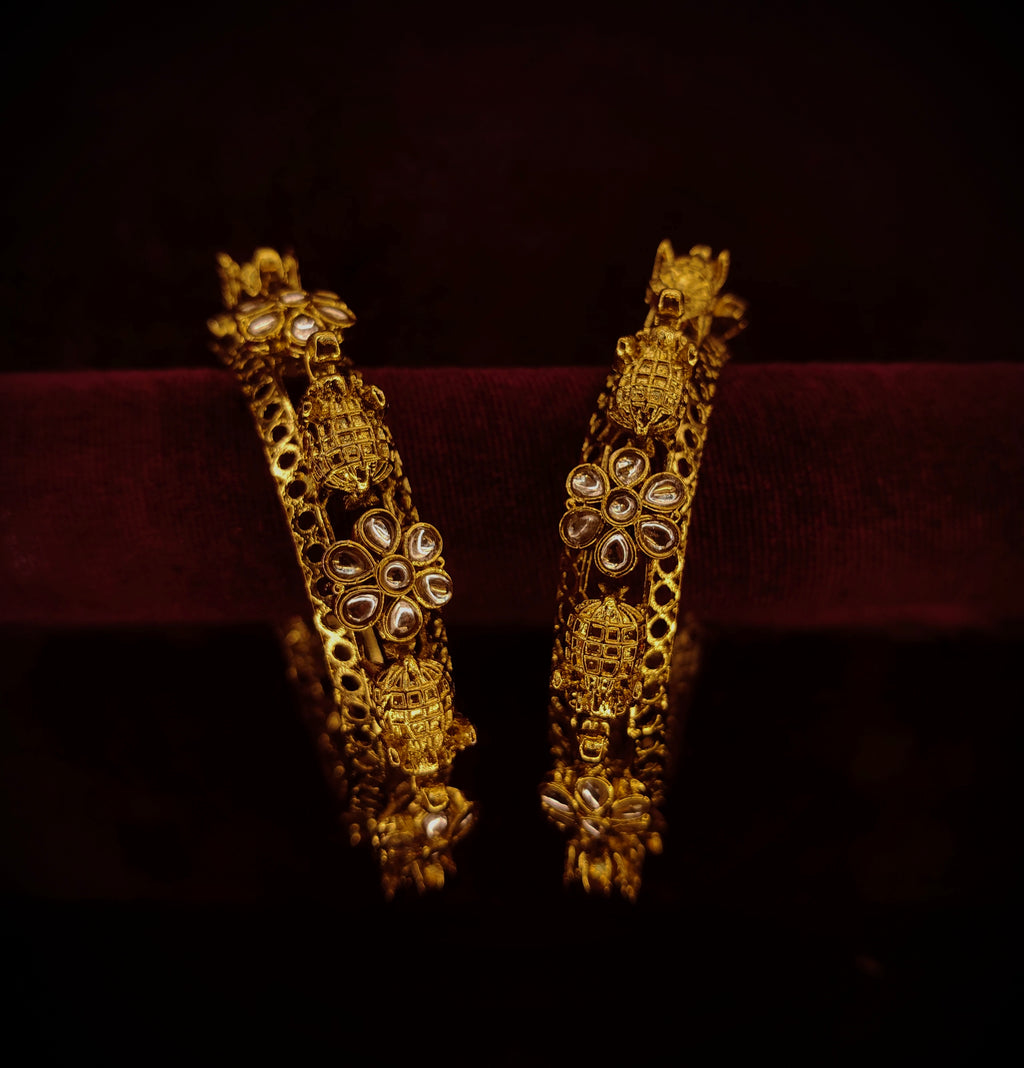 Gold-Plated elephant & Floral Kundan Designer Bangles